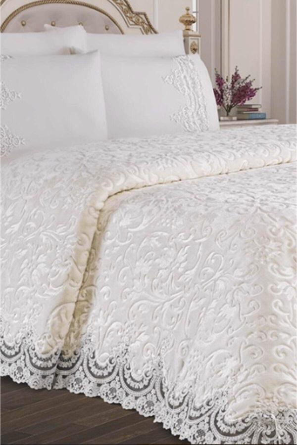 Krd Home Merissa Krem Belenay Çift Kişilik Battaniye Set-Kutusuz - Image 1