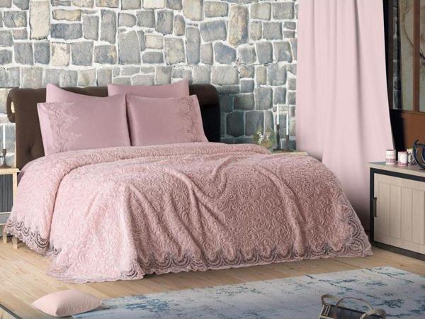 İnan Home Fransız Güpürlü Dantelli Pudra Battaniye - Modern Yatak Örtüsü Takımı - Image 1