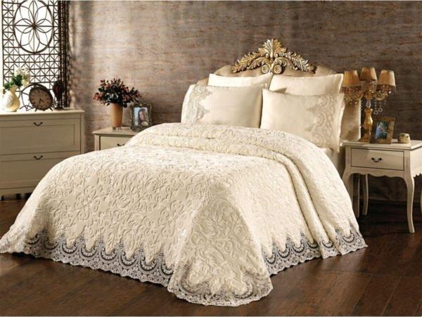 İnan Home Fransız Güpürlü Dantelli Krem Battaniye - Modern Yatak Örtüsü Takımı - Image 1