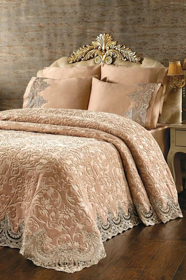 İnan Home Fransız Güpürlü Dantelli Kapuçino Battaniye - Modern Yatak Örtüsü Takımı - Image 1
