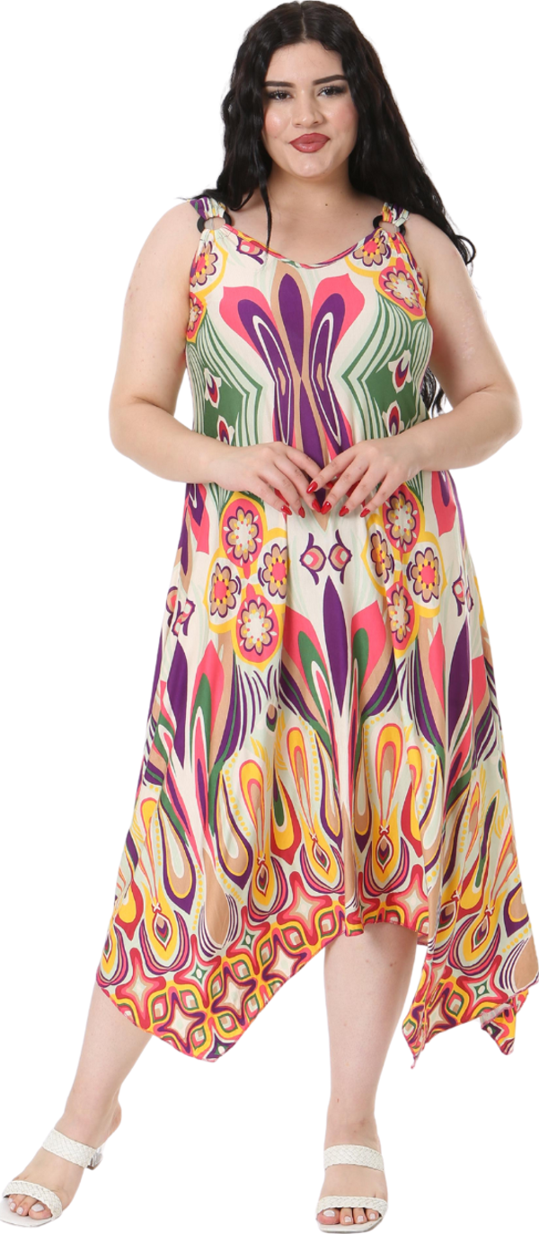 Melsay Butik Ekru Yeşil Desenli Askılı V Yaka Elbise - Image 1