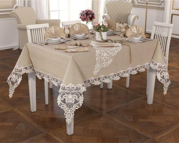 Bursa Çeyiz 26 Parça Etuuval Linen Büşra Fransız Dantelli Yemek Seti Cappuchino - Image 1