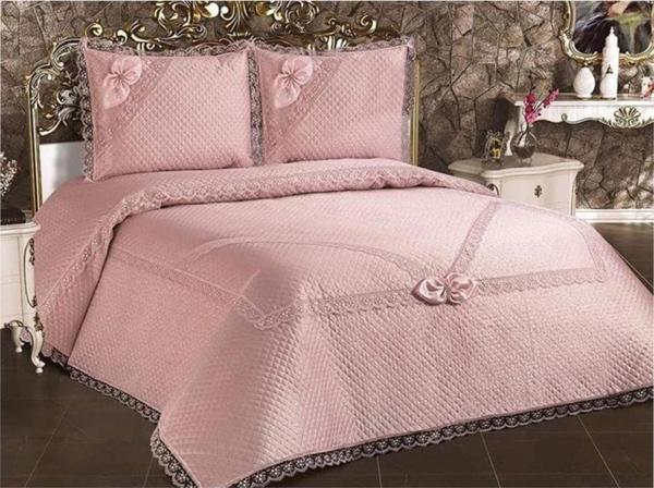 Casa Elif Yatak Örtüsü Tek Kişilik Fransız Güpürlü Pudra - Image 1
