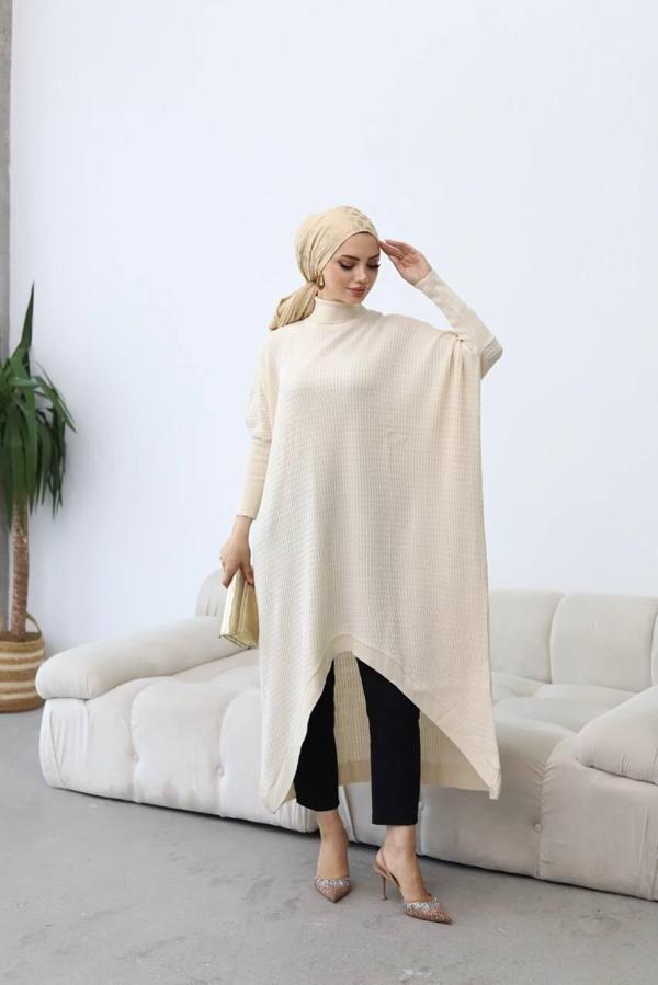 Boğazlı Triko Tunik Ekru - Image 1