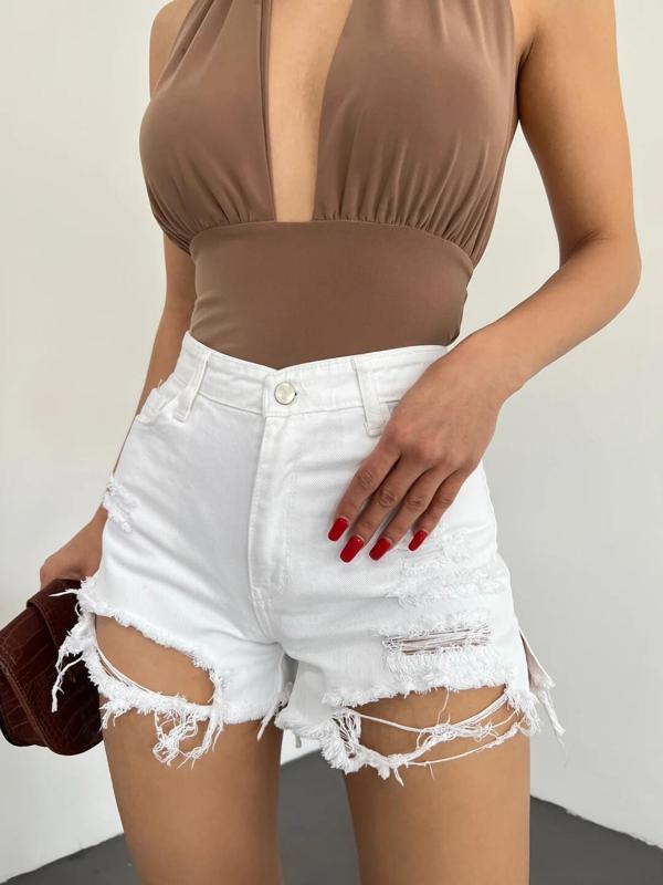 Yıkamalı Lazer Yırtıklı Mini Denim Şort - Image 1