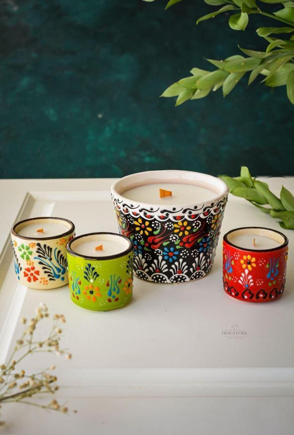 Ersustore Etnik Çini Desenli Soya Wax Ahşap Fitilli Kokulu Dekoratif Mum Takımı - Image 1