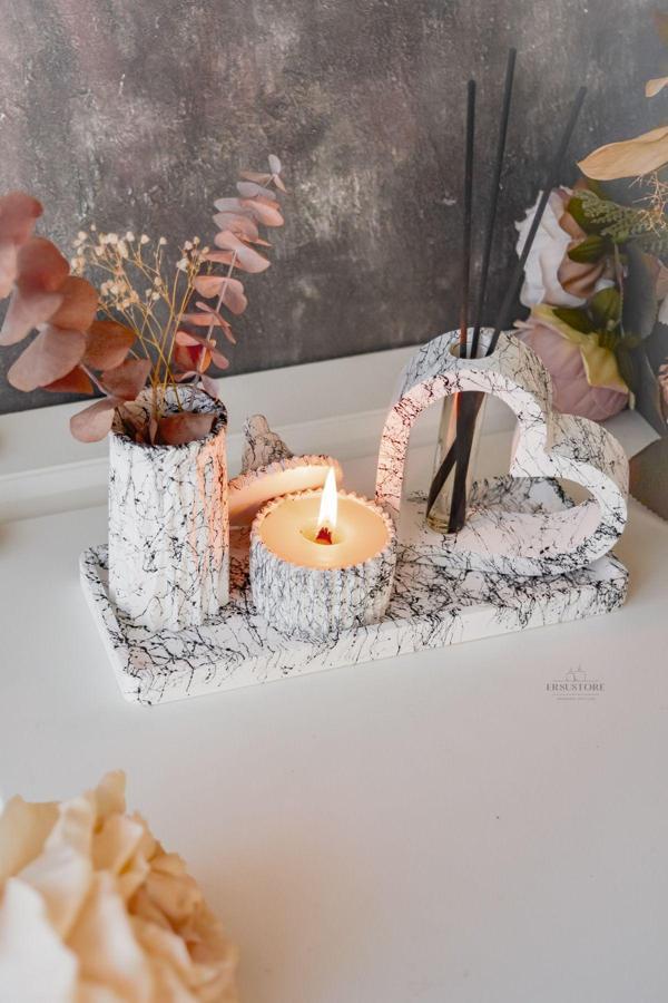 Jeane Home Decor Mermer Desenli Kalpli Oda Kokusu Vazo Doğal Soya Wax Mum Seti - Image 1