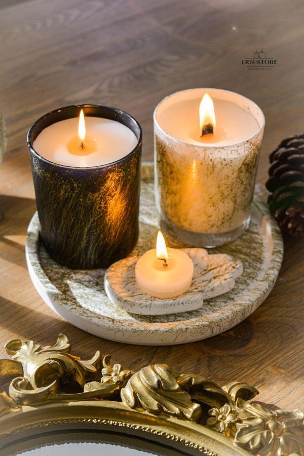 Ersustore 2'Li Cam Bardak Kokulu Soya Wax Mum Tealight Seti Dekoratif Hediyelik Ahşap Fitil Gold Mermer Desen - Image 1