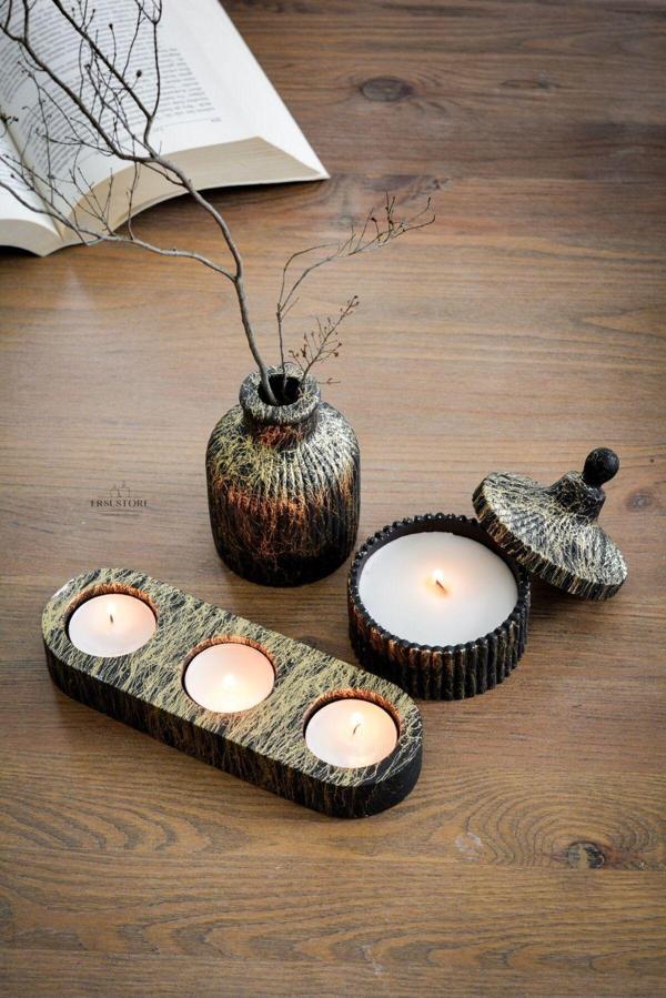 Ersustore Siyak Varak Mermer Efekti Doğal Soya Tealight Vazo Hediyelik Dekoratif Mum Seti - Image 1