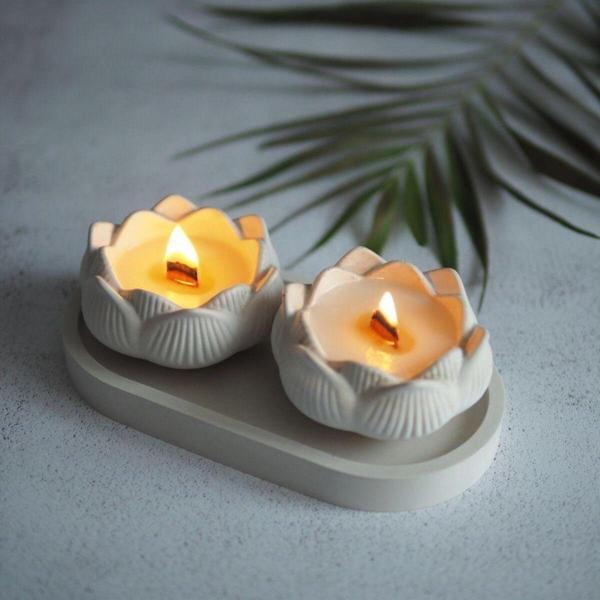 Ersustore 2 Adet Soya Mum Beton Ahşap Fitilli Lotus Çiçek Tabak Seti Kokulu Mum Hediyelik Dekoratif - Image 1