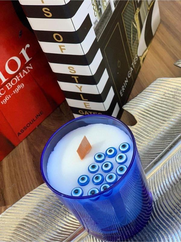 Ersustore Nazar Boncuklu Vanilya Esanslı (Kokulu) Mavi Bardak Soya Mum - Image 1