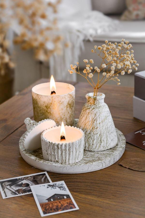 Ersustore 5 Parça Varak Desenli Beton Vazo Ve Cam Bardak Soya Wax Mum Seti - Image 1