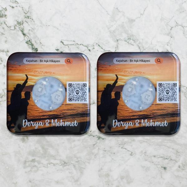 Veraart Epoksili Işıklı Kare Tasarım Kendi Müziğini Yarat Karekodlu Günbatımı Sevgili Bardak Altlığı 2 li - Image 1