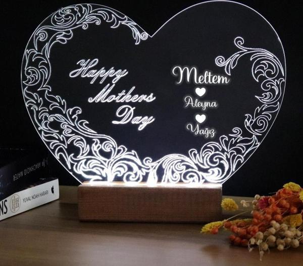 Veraart Kalpli Happy Mother's Day Işıklı Pleksi Kişiye Özel Gece Lambası Anneler Günü Hediyesi 2. Desen - Image 1
