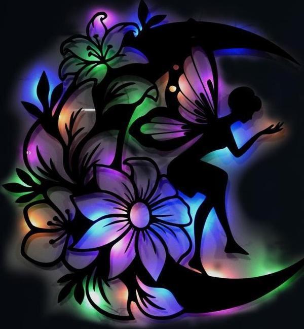 Veraart  Ahşap Çiçekli  Aydaki Peri Figürlü Tablo Duvar Dekorlu Gece Lambası  48 cm - Image 1