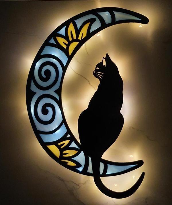 Veraart Epoksili Ahşap Aydaki Kedi Figürlü Tablo Duvar Dekorlu Gece Lambası Mavi Sarı 50 cm - Image 1