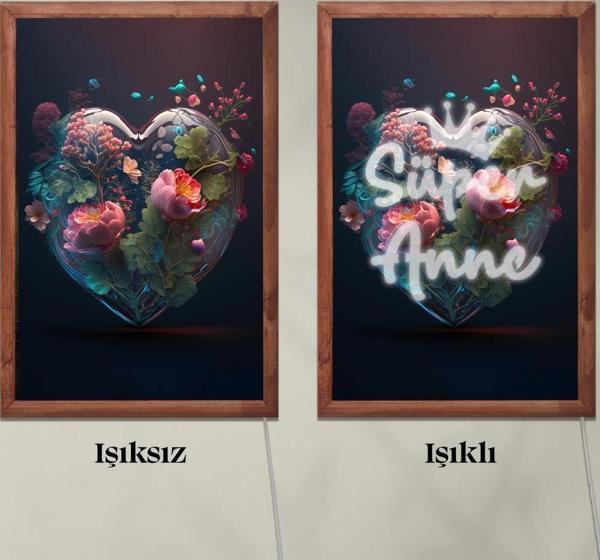 Veraart Işıklı Pleksi Çiçekli Kalp Temalı Sürpriz Tablo Dekoratif Ayaklı Biblo Anneler Günü Hediyesi - Image 1