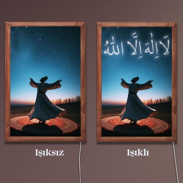Veraart Işıklı Pleksi Dini İslami Sürpriz Tablo La İlahe İllallah Semazen Dekoratif Ayaklı Biblo - Image 1