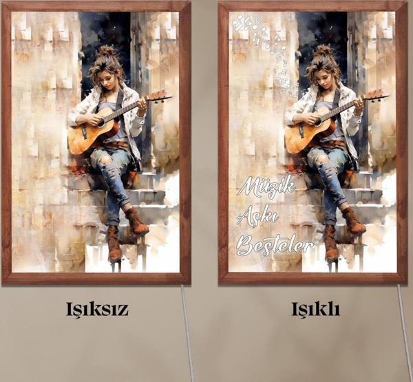 Veraart Işıklı Pleksi Müzik Temalı Sürpriz Tablo Gitar Çalan Kız Dekoratif Ayaklı Biblo - Image 1