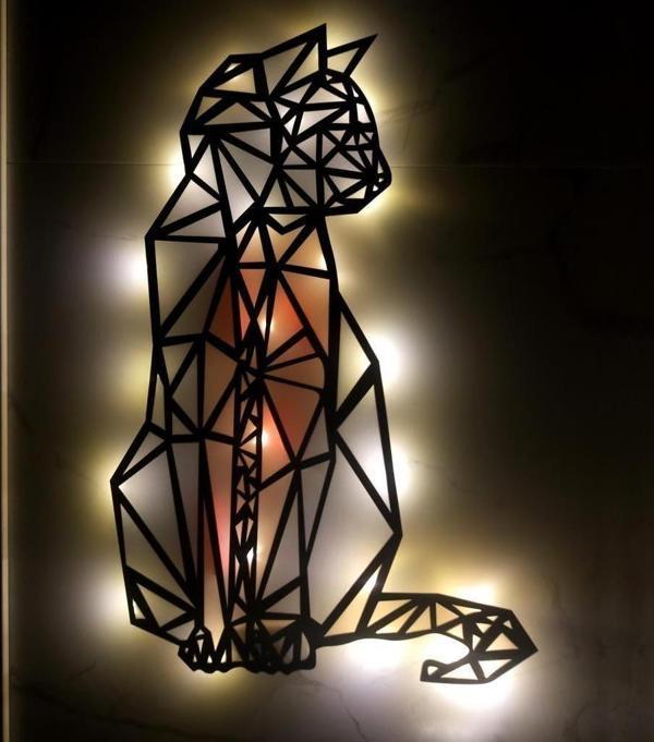 Veraart Epoksili Geometrik Ahşap Kedi Tablo Duvar Dekorlu  Gece Lambası Gri Turuncu 40 cm - Image 1