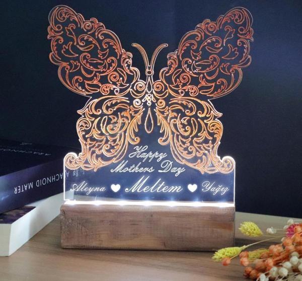 Veraart El Yapımı Boyama Kelebek Desenli Happy Mother's Day Işıklı Pleksi Kişiye Özel Gece Lambası Anneler Günü Hediyesi - Image 1