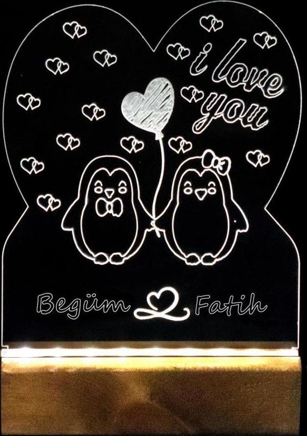 Veraart Penguen Çift Işıklı Pleksi Kişiye Özel Gece Lambası Sevgililer Günü Hediyesi - Image 1