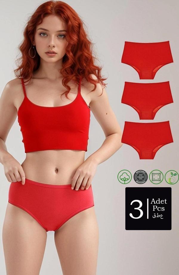 Yüksek Bel Pamuklu 3'Lü Paket Bato Külot Kırmızı - Image 1