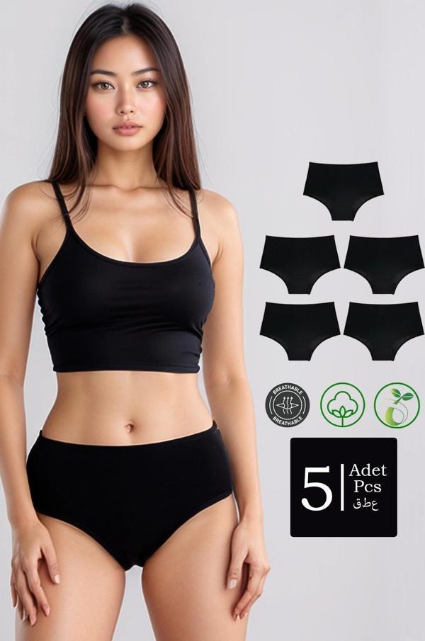Yüksek Bel Pamuklu 5'Li Paket Bato Külot Siyah - Image 1