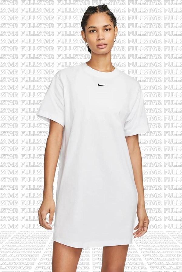 Nike Sportswear Organic Cotton Short Sleve Dress Nakış Swooslu Beyaz Elbise  - Image 1