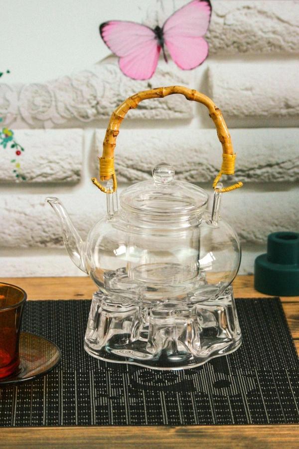 Thea - Bambu Saplı Cam Süzgeçli Borosilikat Cam Demlik Ve Isıtıcı Seti 800 Ml - Image 1
