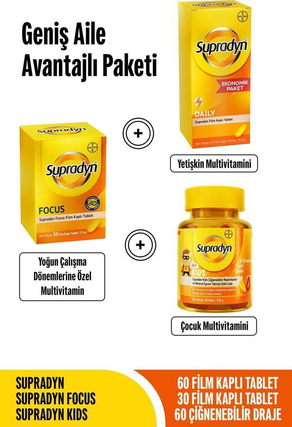 Supradyn Aile Avantajlı Paketi l 60 Daily Tablet + Focus 30 Tablet +  Kids 60 Draje l Zeytin Polifenolü, Ginseng, Multiv - Image 1