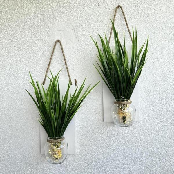 ST Dekor Led Işıklı, Yeşil Sazlık Çiçekli Duvar Dekoru Beyaz İkili Set - Image 1