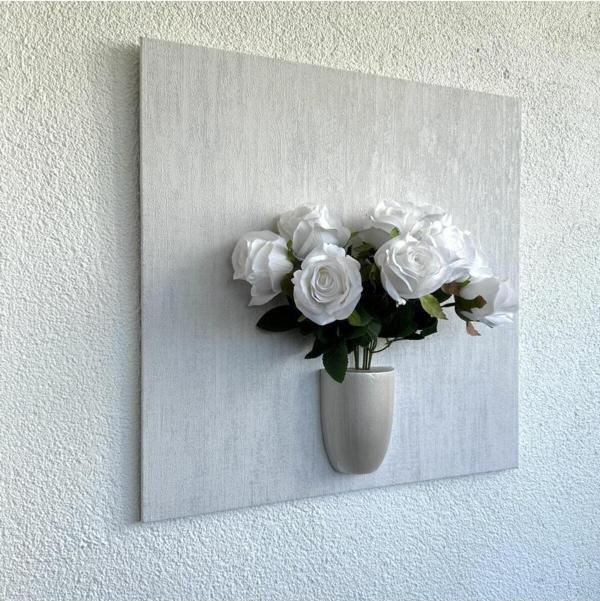 ST Dekor Kabartma Dokulu, Beyaz Gül Çiçekli 3D Tablo - Image 1