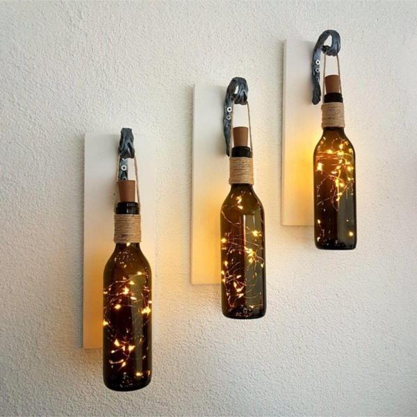 ST Dekor Dekoratif Led Işıklı, Retro Yeşil Şişeli Beyaz Renkli Duvar Dekor, Üçlü Set - Image 1