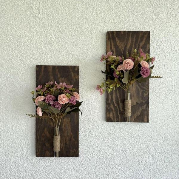 ST Dekor Pembe Karanfil Çiçekli Duvar Dekoru Ceviz İkili Set - Image 1