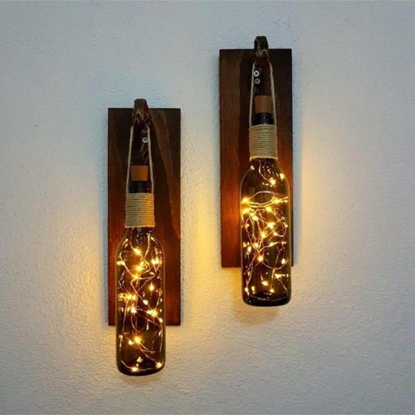 ST Dekor Retro Yeşil Şişeli Led Işıklı, Ceviz Aplik, 2 Li Set - Image 1
