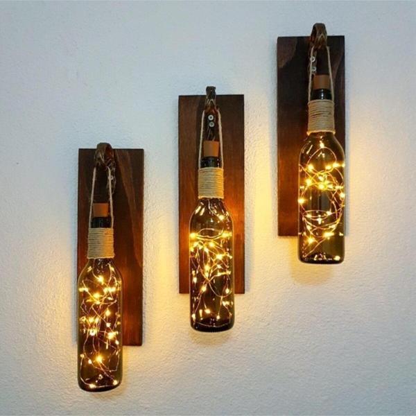 ST Dekor Retro Yeşil Şişeli Led Işıklı, Ceviz Aplik, 3 Lü Set - Image 1