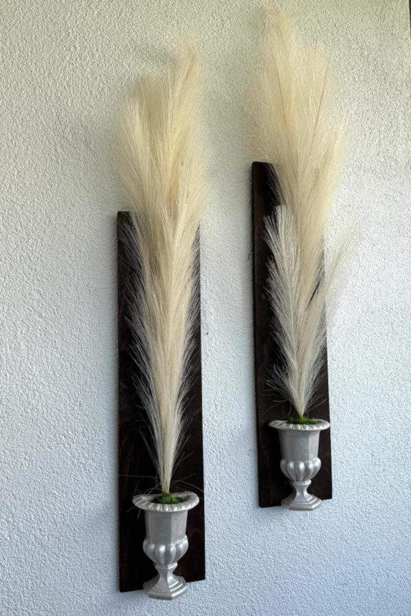 ST Dekor Krem Pampas Otu Çiçekli Boy Duvar Dekoru Ceviz İkili Set - Image 1