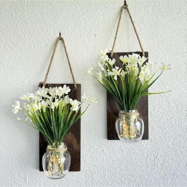 ST Dekor Led Işıklı Beyaz Nergis Çiçekli Duvar Dekoru Ceviz İkili Set - Image 1