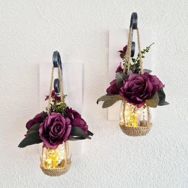 ST Dekor Duvar Dekoru Led Işıklı Mor Gül Çiçekli Aplik, Beyaz Ikili Set - Image 1