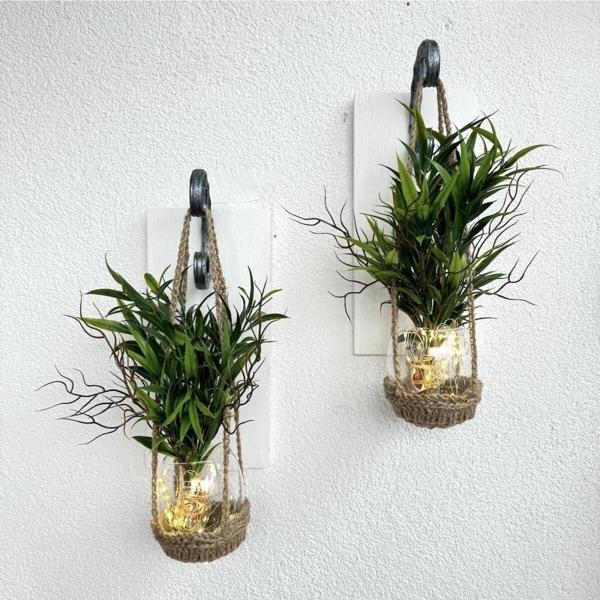 ST Dekor Duvar Dekoru Led Işıklı Yeşil Bitki Çiçekli Beyaz Aplik İkili Set - Image 1
