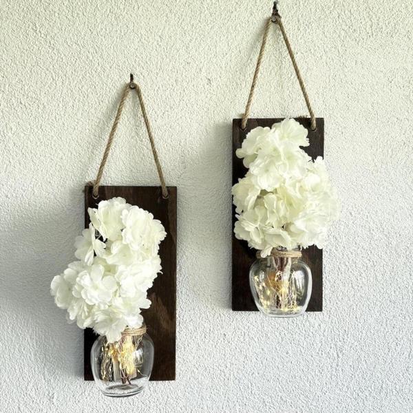 ST Dekor Led Işıklı, Beyaz Bahardalı Çiçekli Duvar Dekoru Ceviz İkili Set - Image 1