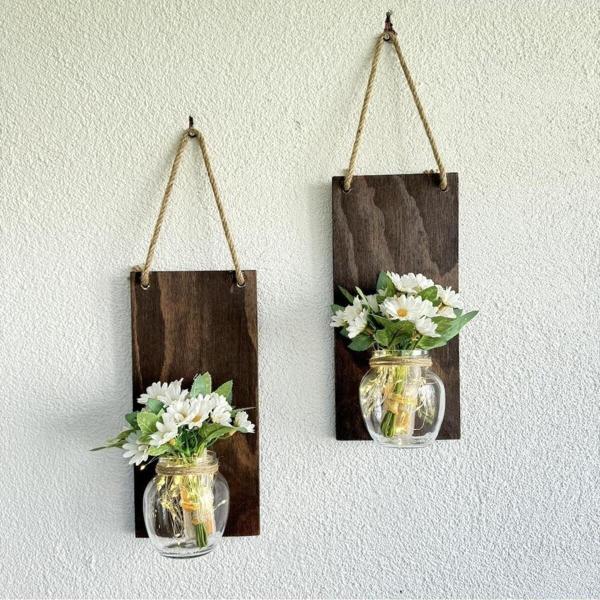 ST Dekor Led Işıklı, Beyaz Papatya Çiçekli Duvar Dekoru Ceviz İkili Set - Image 1