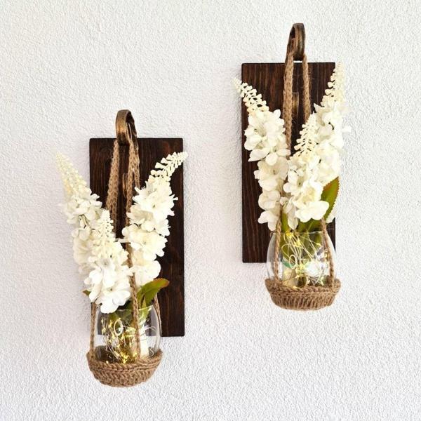 ST Dekor Duvar Dekoru, Led Işıklı, Beyaz Şebboy Çiçekli, Ceviz Aplik İkili Set - Image 1