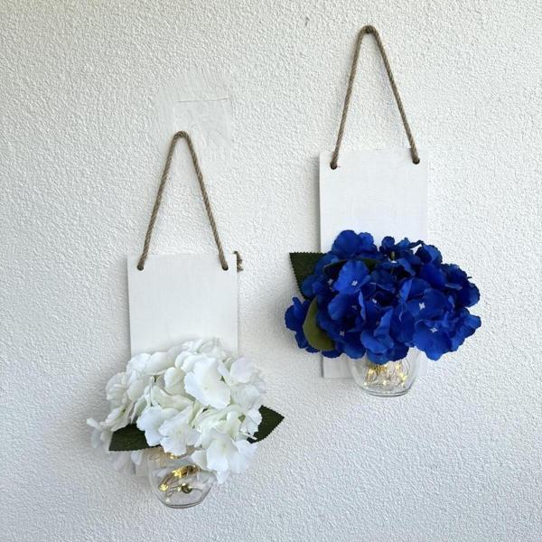 ST Dekor Led Işıklı, Beyaz Ve Mavi Ortanca Çiçekli Duvar Dekoru Beyaz İkili Set - Image 1