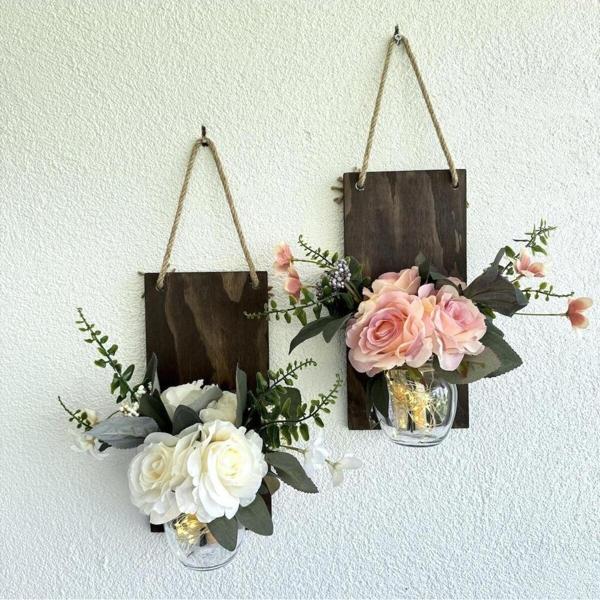 ST Dekor Led Işıklı, Beyaz Ve Pudra Pembe Gül Çiçekli Duvar Dekoru Ceviz İkili Set - Image 1