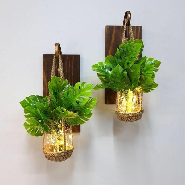 ST Dekor Duvar Dekoru, Led Işıklı, Deve Tabanı Çiçekli, Ceviz Aplik İkili Set - Image 1