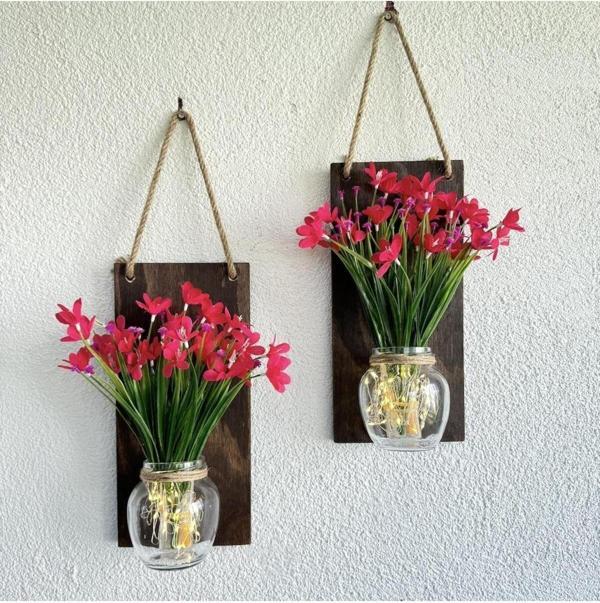 ST Dekor Led Işıklı, Fuşya Nergis Çiçekli Duvar Dekoru Ceviz İkili Set - Image 1