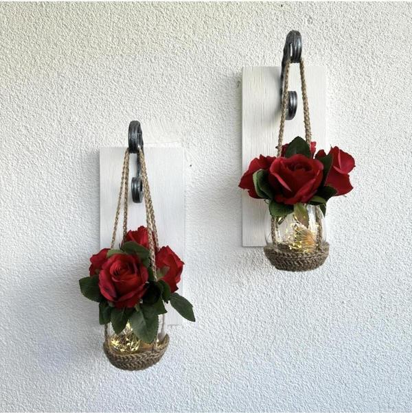 ST Dekor Duvar Dekoru, Led Işıklı, Kırmızı Gül Çiçekli, Beyaz Aplik İkili Set - Image 1