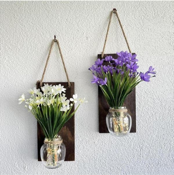 ST Dekor Led Işıklı, Lila Ve Beyaz Nergis Çiçekli Duvar Dekoru Ceviz İkili Set - Image 1